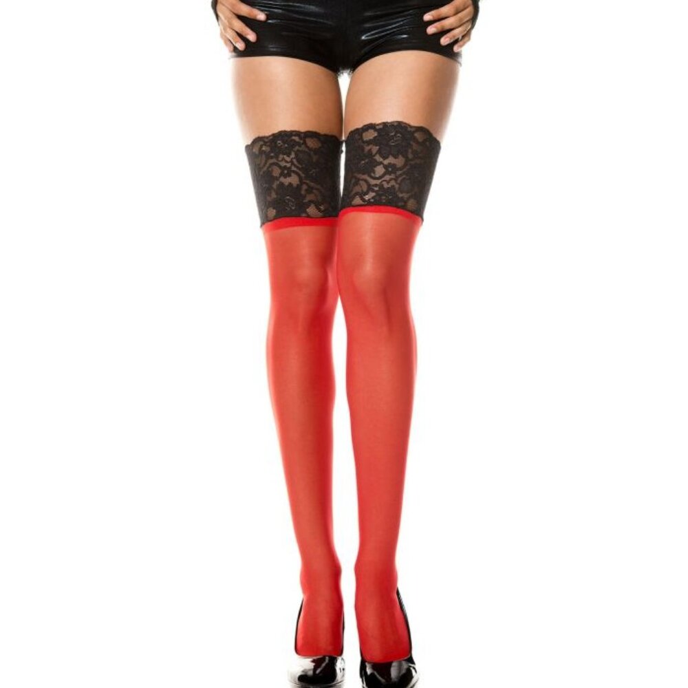 Wide Contrast Lace Sheer Thigh Hi Red Black